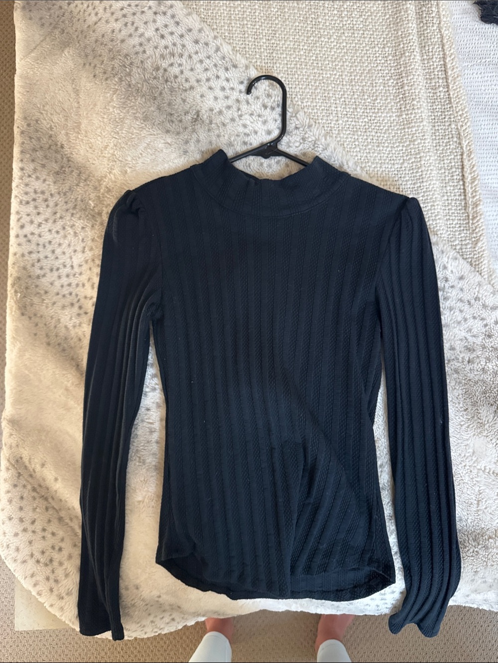 Free People Black Ribbed Mock Neck Long Sleeve Top